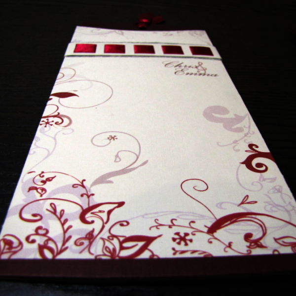 Wedding Stationery Pocket Sleeve - Burgundy, ivory & silver with threaded ribbon. Elegant swirl design.