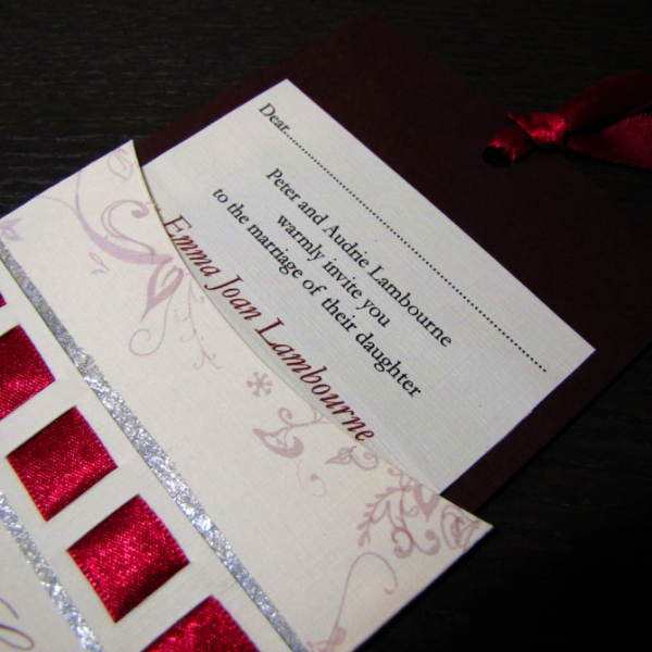 Wedding Invitation - "Swirl Infusion" pocket & insert burgundy ribbon pull