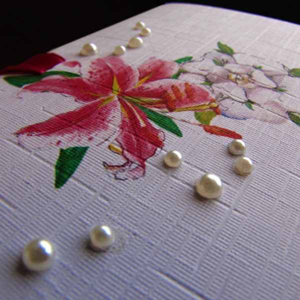 Lily Rose Wedding Invitation Close Up (Pearls and Watercolour Painting)